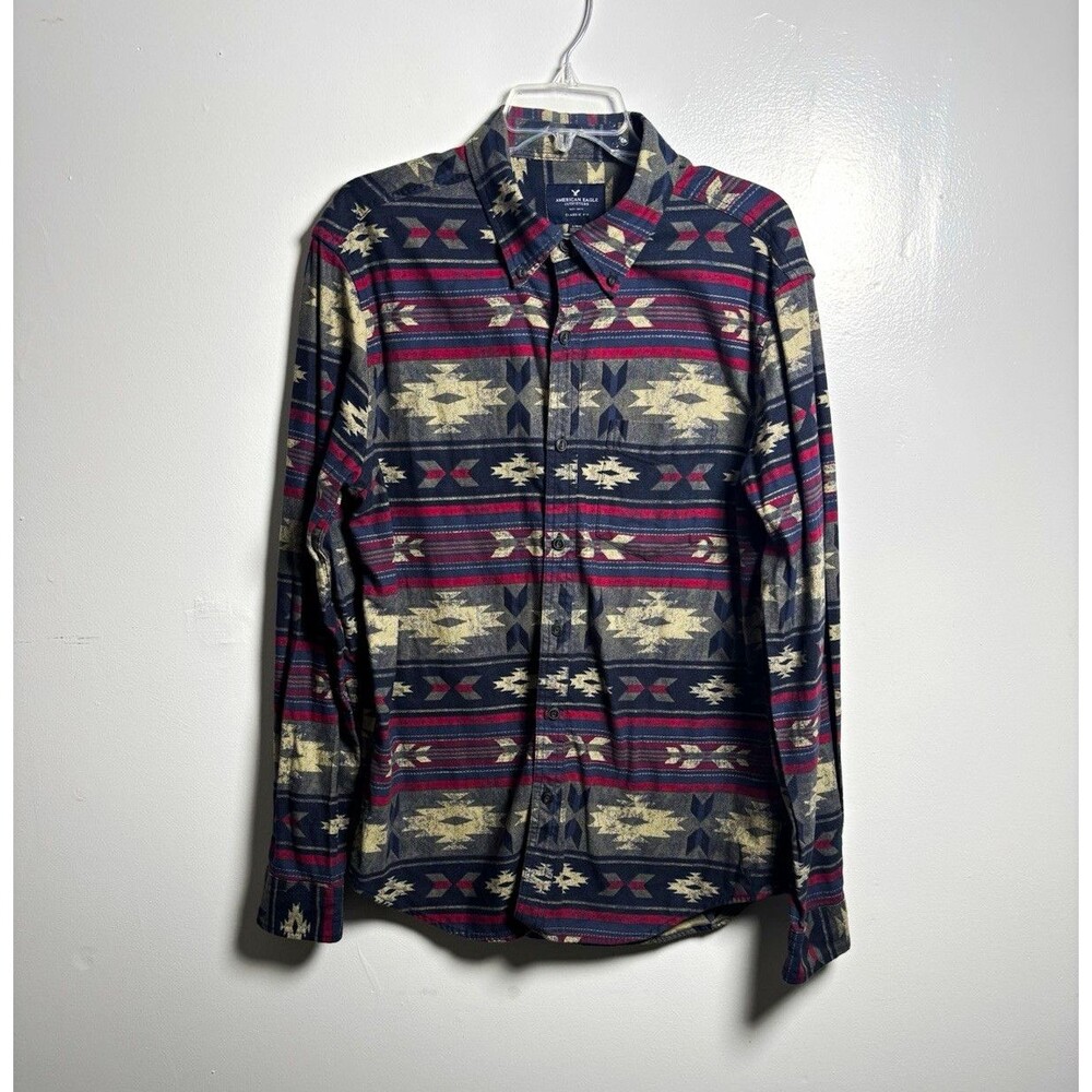 American Eagle Outfitters Men's L Long Sleeve ButtonGeometric Blue/Red Flannel